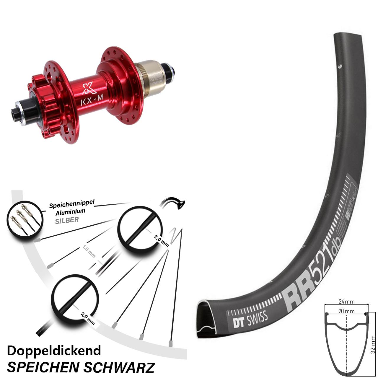 Disc Laufrad für Schnellspanner 28 Zoll DT Swiss RR521 KX-M rot XD 11-12 fach