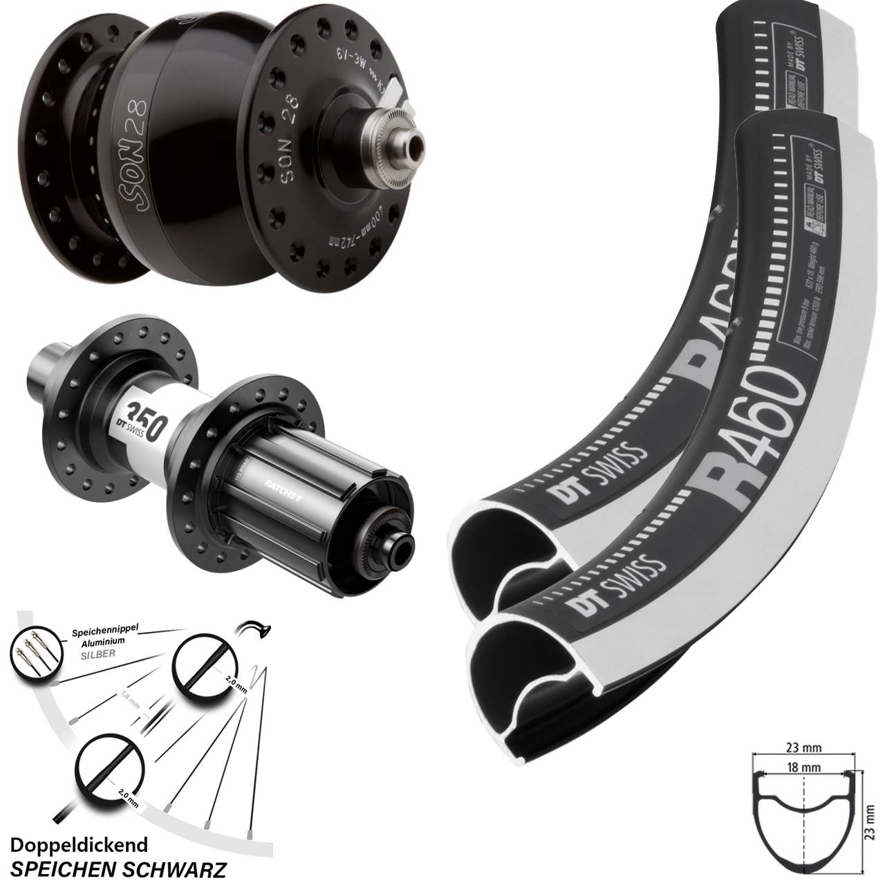 Laufradsatz Dynamo SON 28 Zoll Felgenbremse R 460 DT Swiss 350 Shimano HG Road