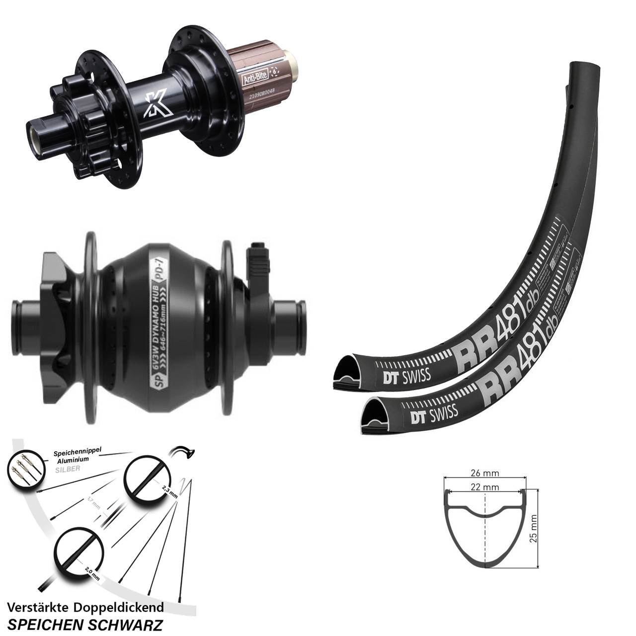 28 Zoll DT Swiss RR481 KX-M Shimano SP PD-7 Disc Laufradsatz 12x100/142 8-12 fach