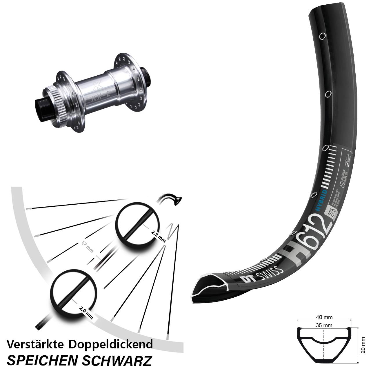 DT Swiss H 612 KX-E 4 Kugellager 27,5 Zoll Disc Laufrad 15x100