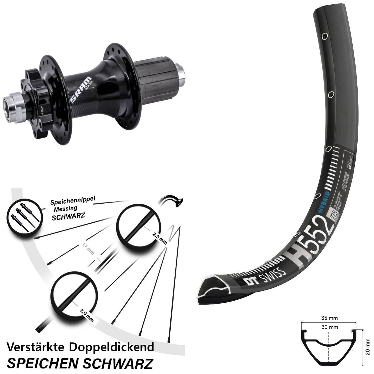 27,5 Zoll DT Swiss H552 Sram 746 Disc Laufrad 12x148 8-11 fach