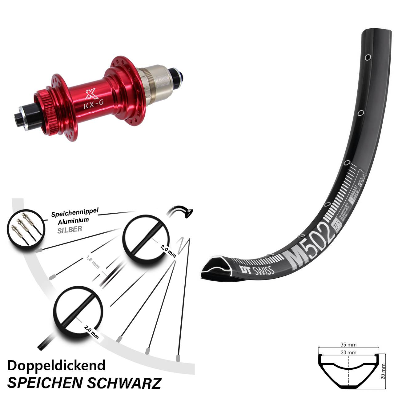 Disc Hinterrad QR 29 Zoll DT Swiss M 502 KX-G rot XD-R