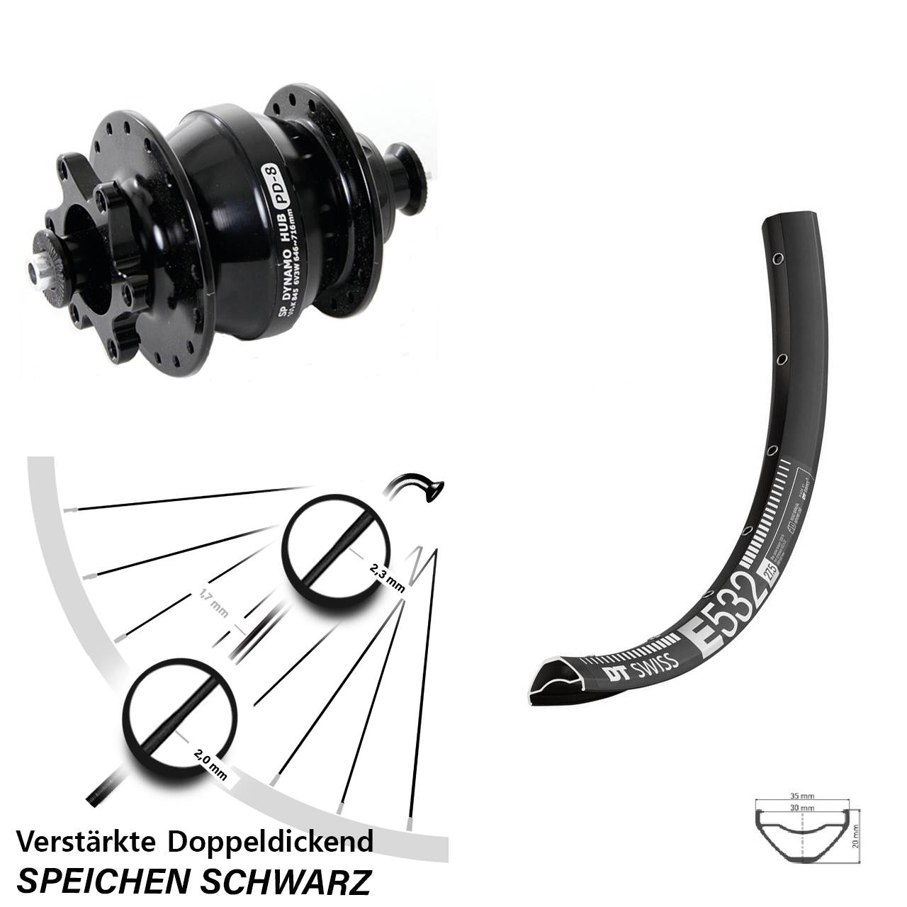 DT Swiss E 532 Shutter PD-8 27,5 Zoll Disc Laufrad mit Nabendynamo für Schnellspanner