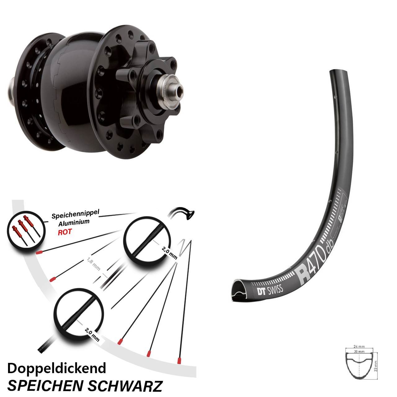Vorderrad 28 Zoll DT Swiss R 470 DB schwarz Nabendynamo 6-Loch Road Disc