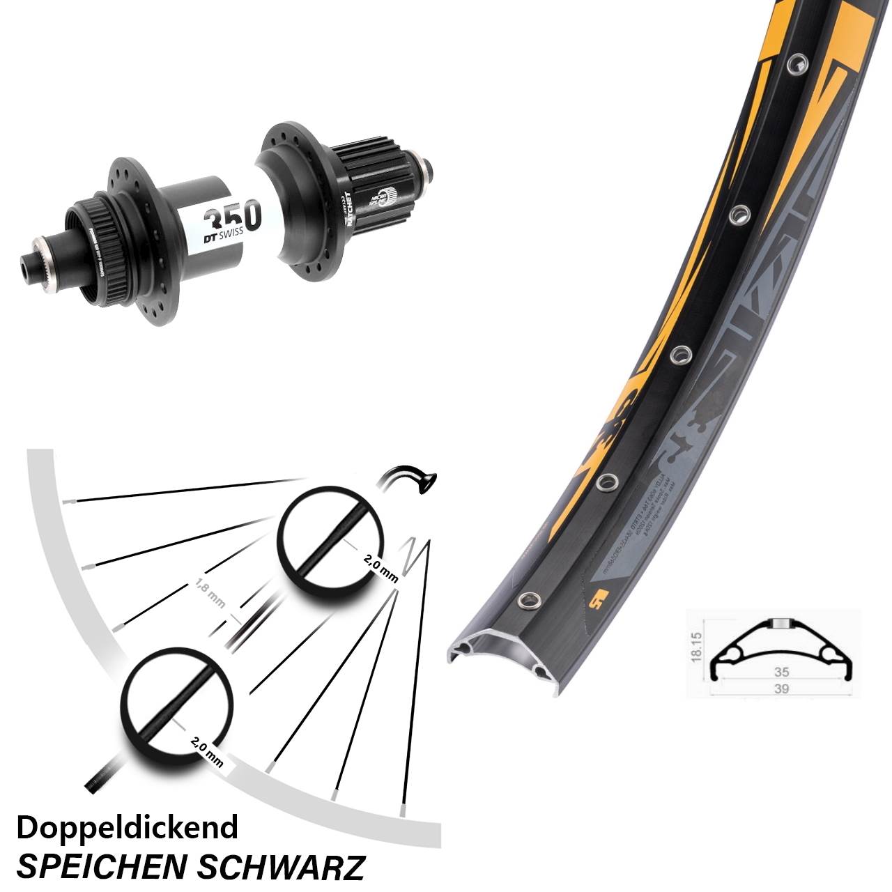 Disc Hinterrad 27,5 Zoll Rodi TRYP 35 DT Swiss 350 Micro Spline für Schnellspanner Boost