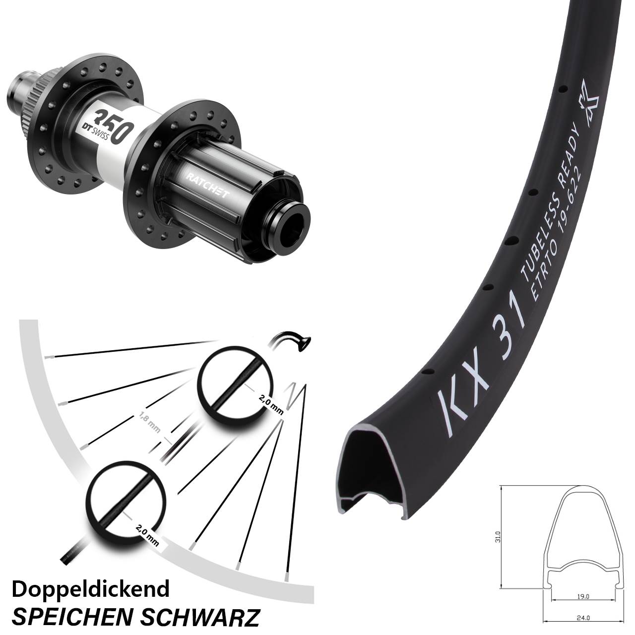 Centerlock Hinterrad 28 Zoll KX 31 DT Swiss 350 11-12 fach HG 12x142