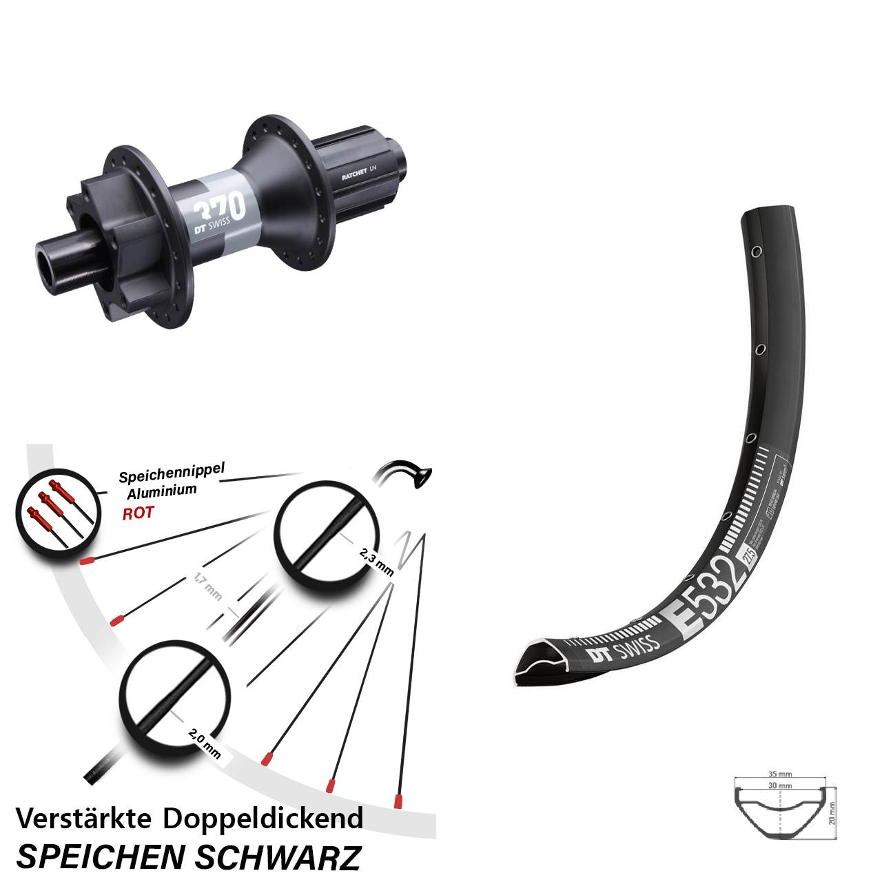 DT Swiss E532-370 27,5 Zoll 6-Loch Hinterrad 12x148 Boost 8-11 fach