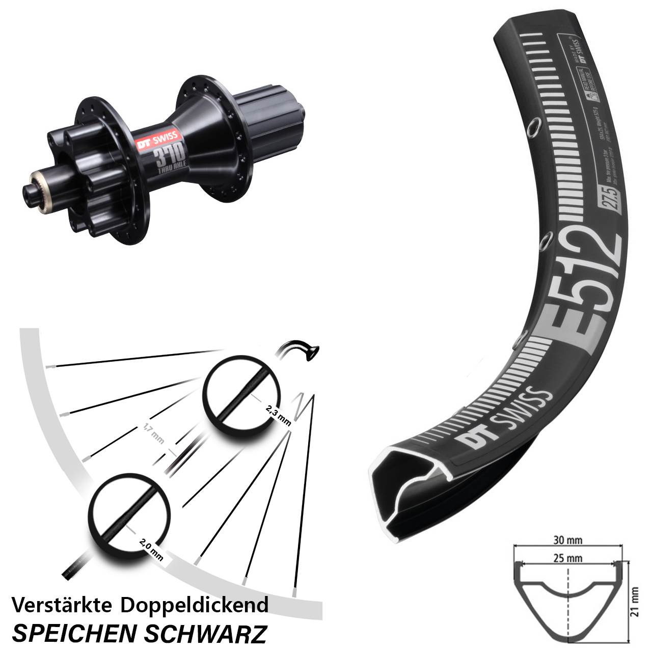 DT Swiss E 512 DT Swiss 370 Hybrid 27,5 Zoll 6-Loch Hinterrad für Schnellspanner 8-11 fach