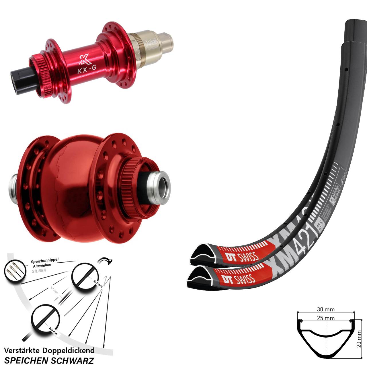 Disc Laufrad-Satz 27,5 Zoll DT Swiss XM421 KX-G rot SON 28 XDR 11-12 fach 12x100/142