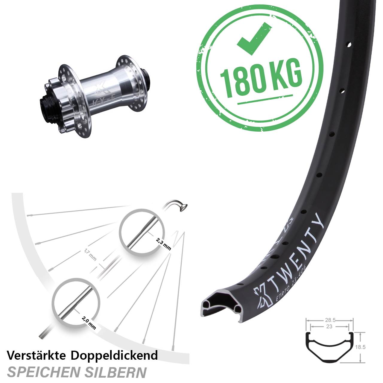 20 Zoll Vorderrad KX-E Twenty Steckachse 15x100 mm 6-Loch silbern verstärkt Cargo light