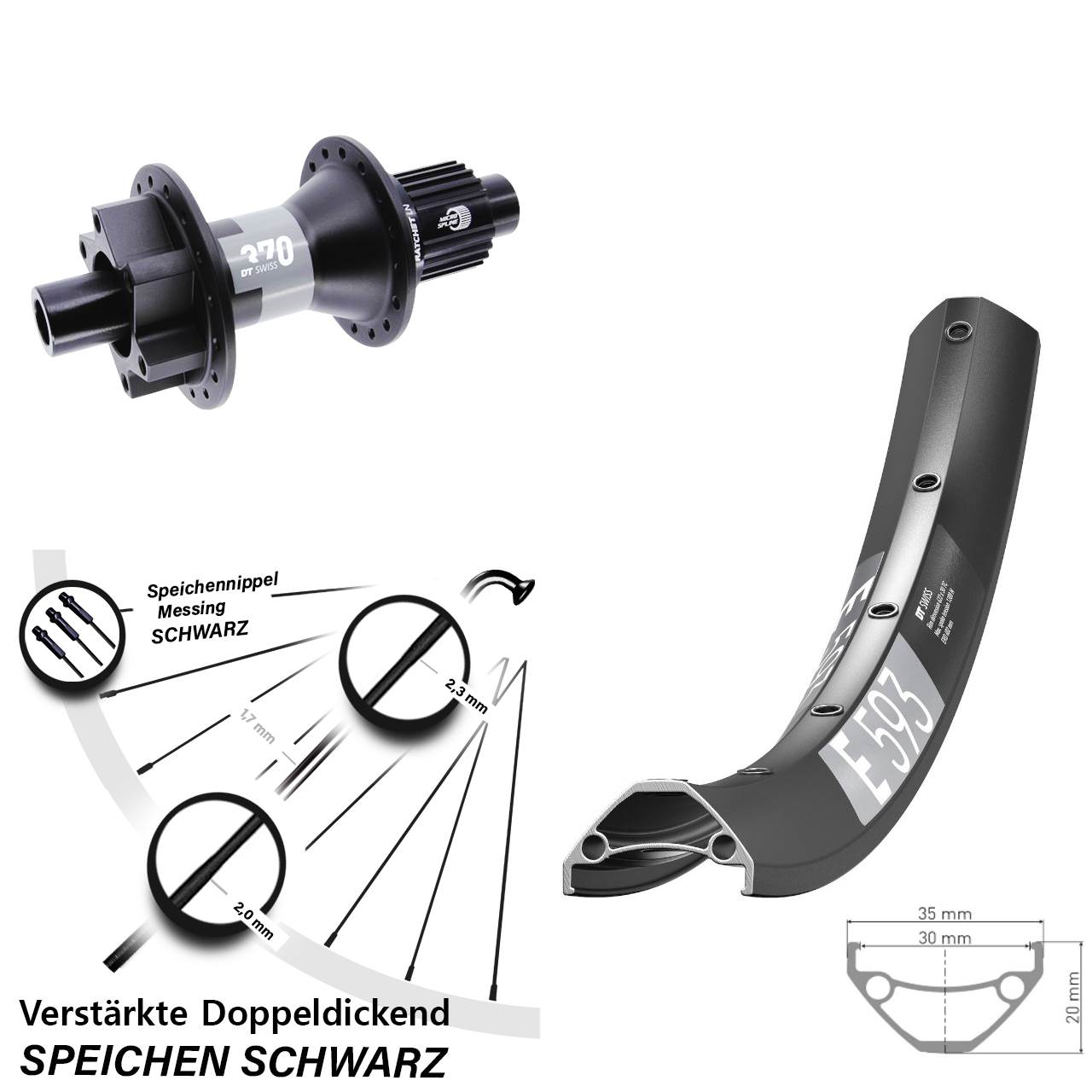 29 Zoll DT Swiss E 593-370 Hinterrad 6-Loch 12x142 Micro Spline