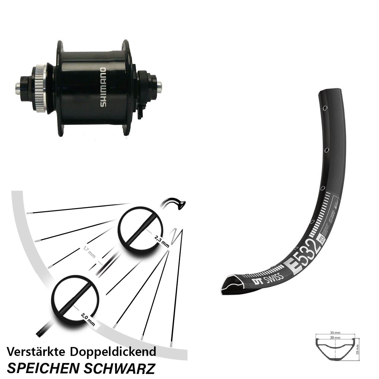 Centerlock Vorderrad mit Dynamo 29 Zoll DT Swiss E532 Shimano DH-UR700-3D QR