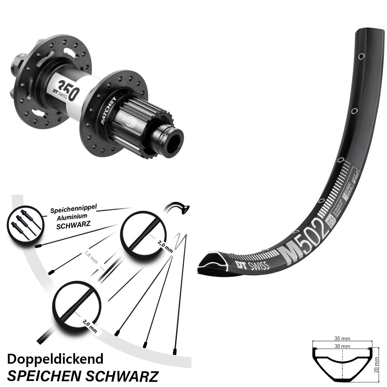 Hinterrad 27,5 Zoll DT Swiss M 502 350 6-Loch Micro Spline 12x148