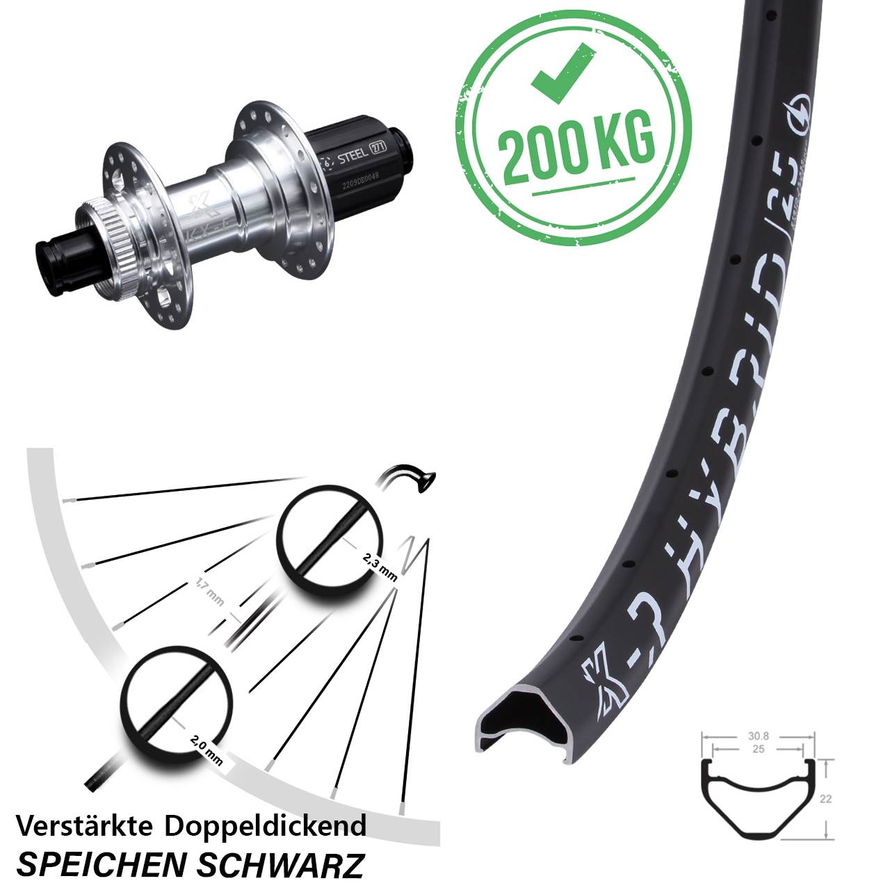 Centerlock Hinterrad 26 Zoll KX-R Hybrid 25 Stahlachse 8-12 fach 12x142