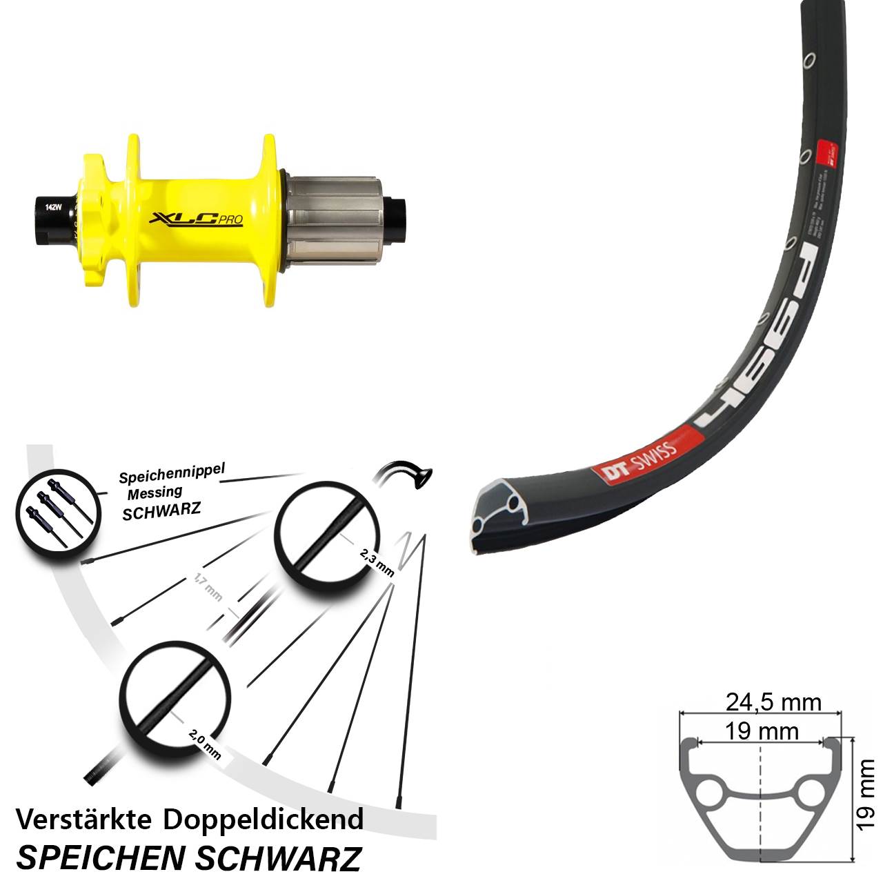 28 Zoll DT Swiss 466 XLC gelb 6-Loch Hinterrad 12x142 8-11 fach