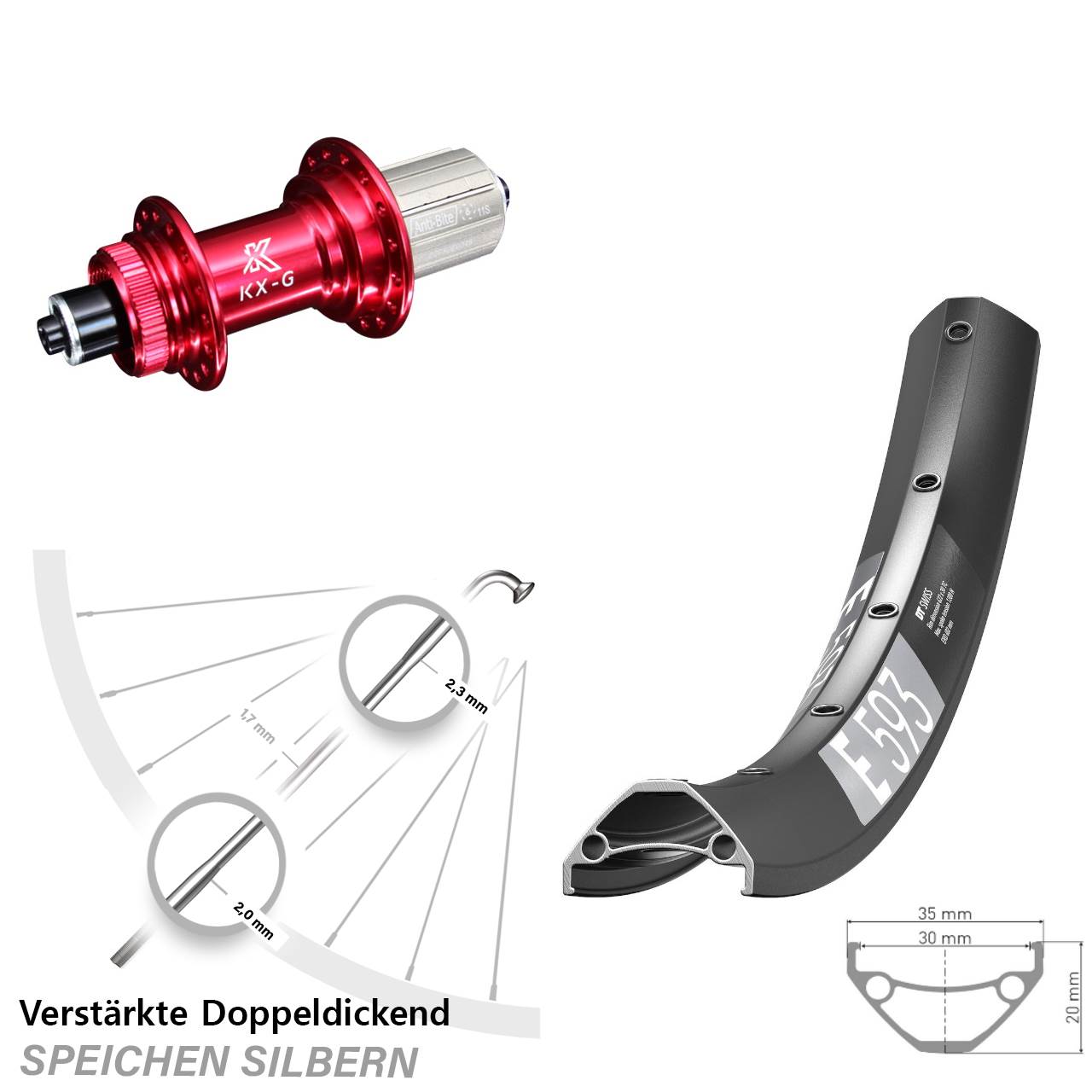 Hinterrad Centerlock für Schnellspanner 29 Zoll DT Swiss E 593 KX-G rot 8-12 fach