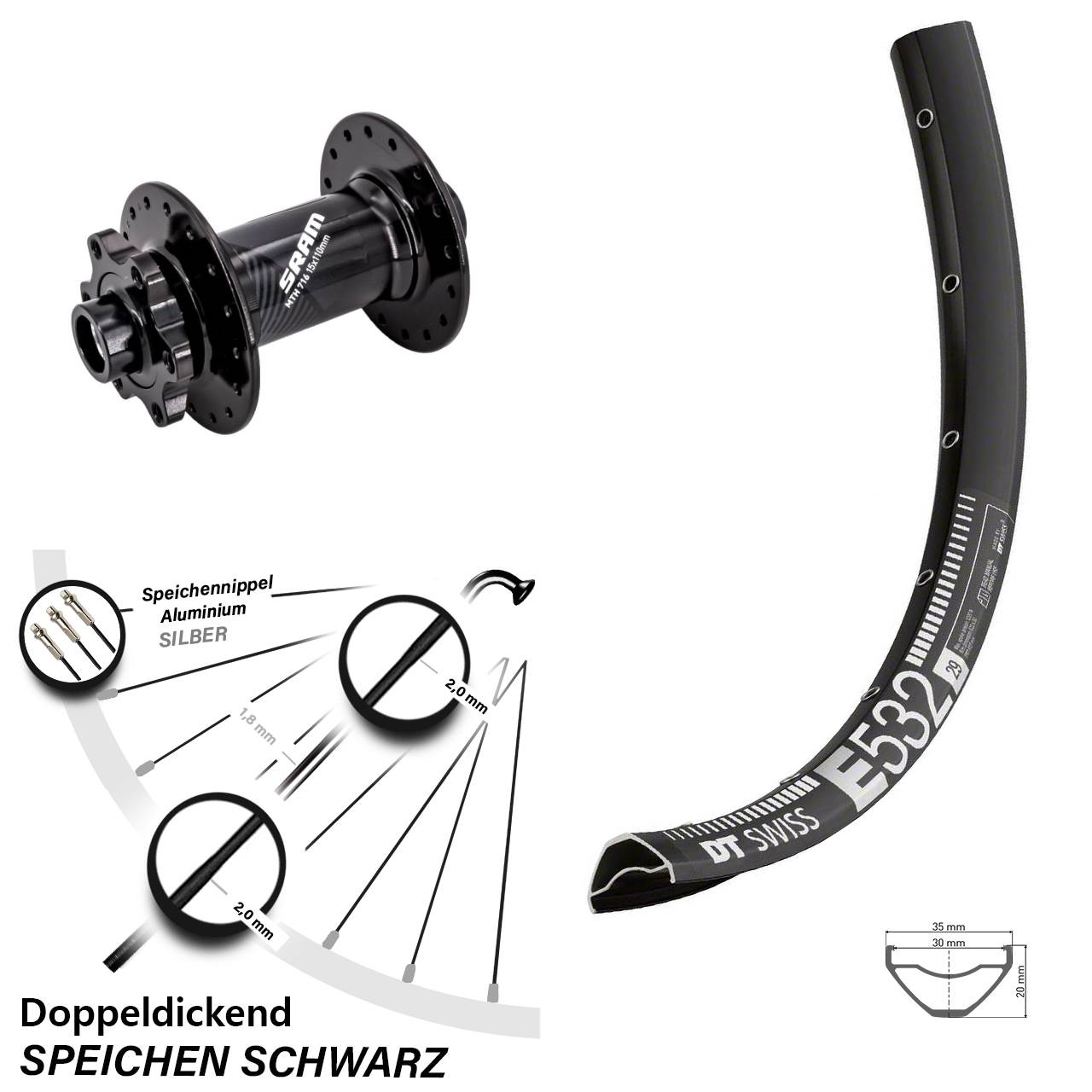 29 Zoll DT Swiss E 532 Sram 716 Vorderrad 6-Loch 15x110 Boost