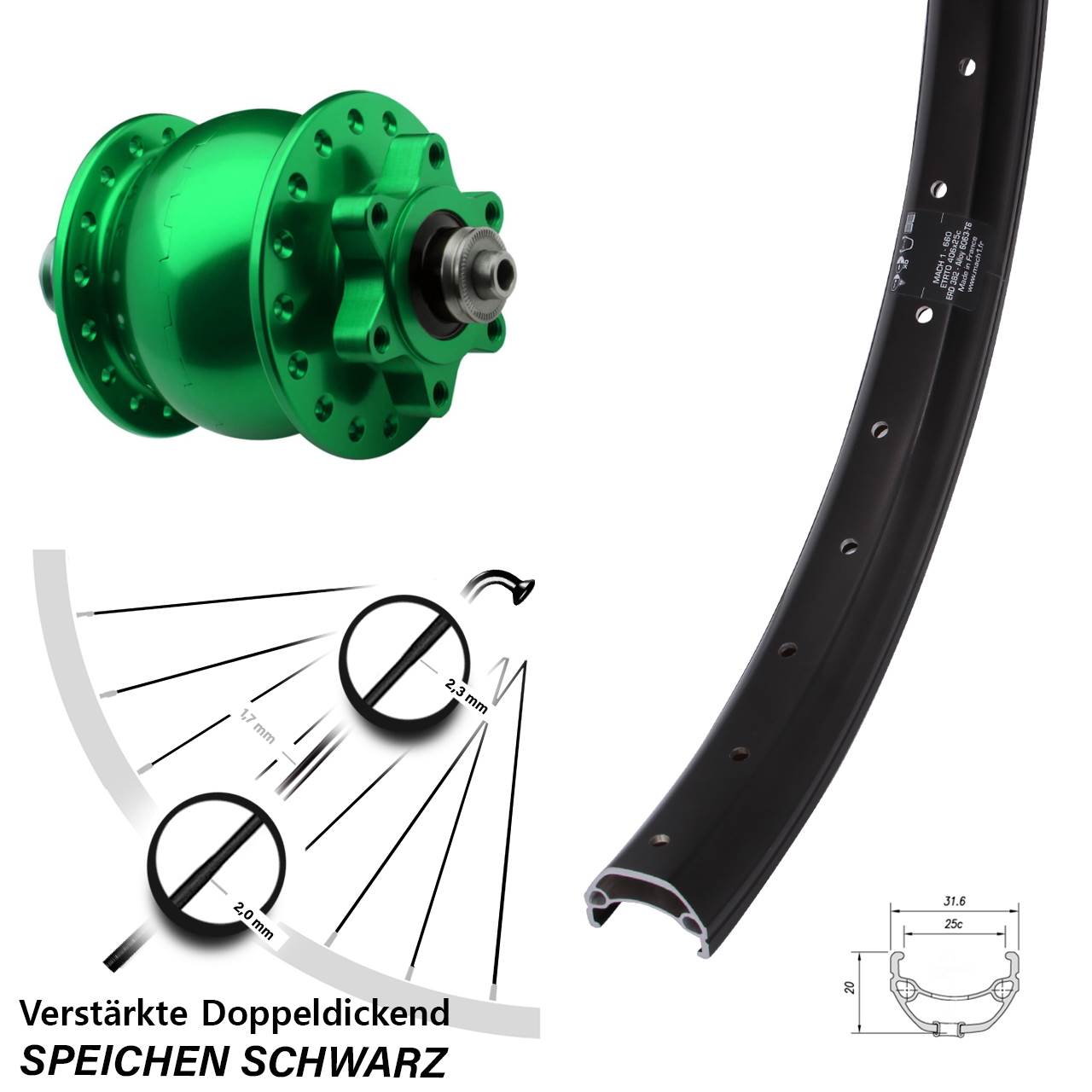 Nabendynamovorderrad 6-Loch für Schnellspanner 20 Zoll Mach1 Kargo SON 28 grün