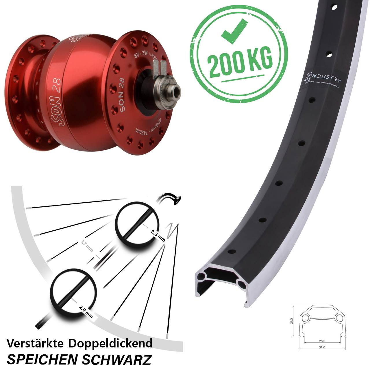 26 Zoll KX Industry SON 28 rot Nabendynamovorderrad für Schnellspanner