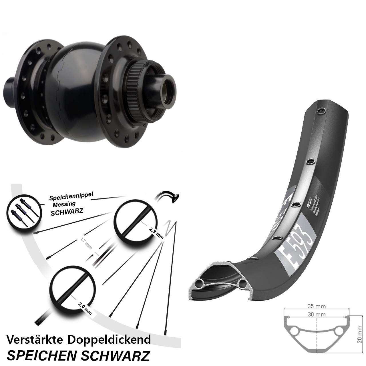 Nabendynamo-Vorderrad Centerlock 29 Zoll DT Swiss E 593 SON 28 15x110 Boost