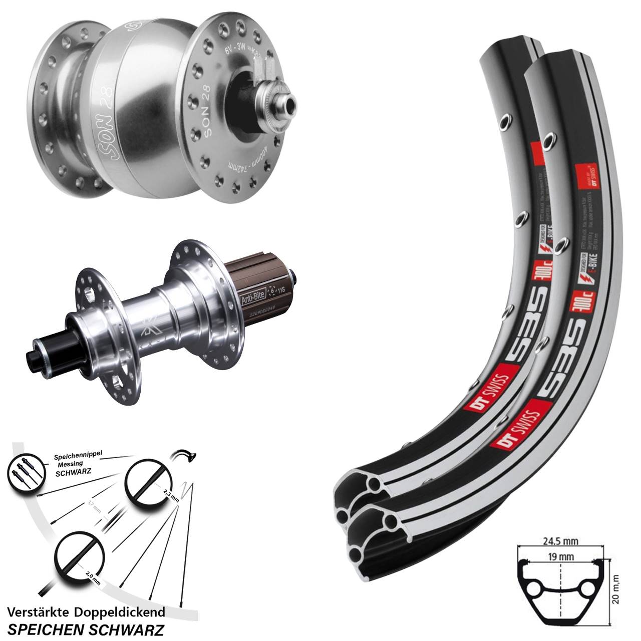 Laufradsatz 26 Zoll DT Swiss 535 KX-T SON 28 silbern 8-12 fach QR