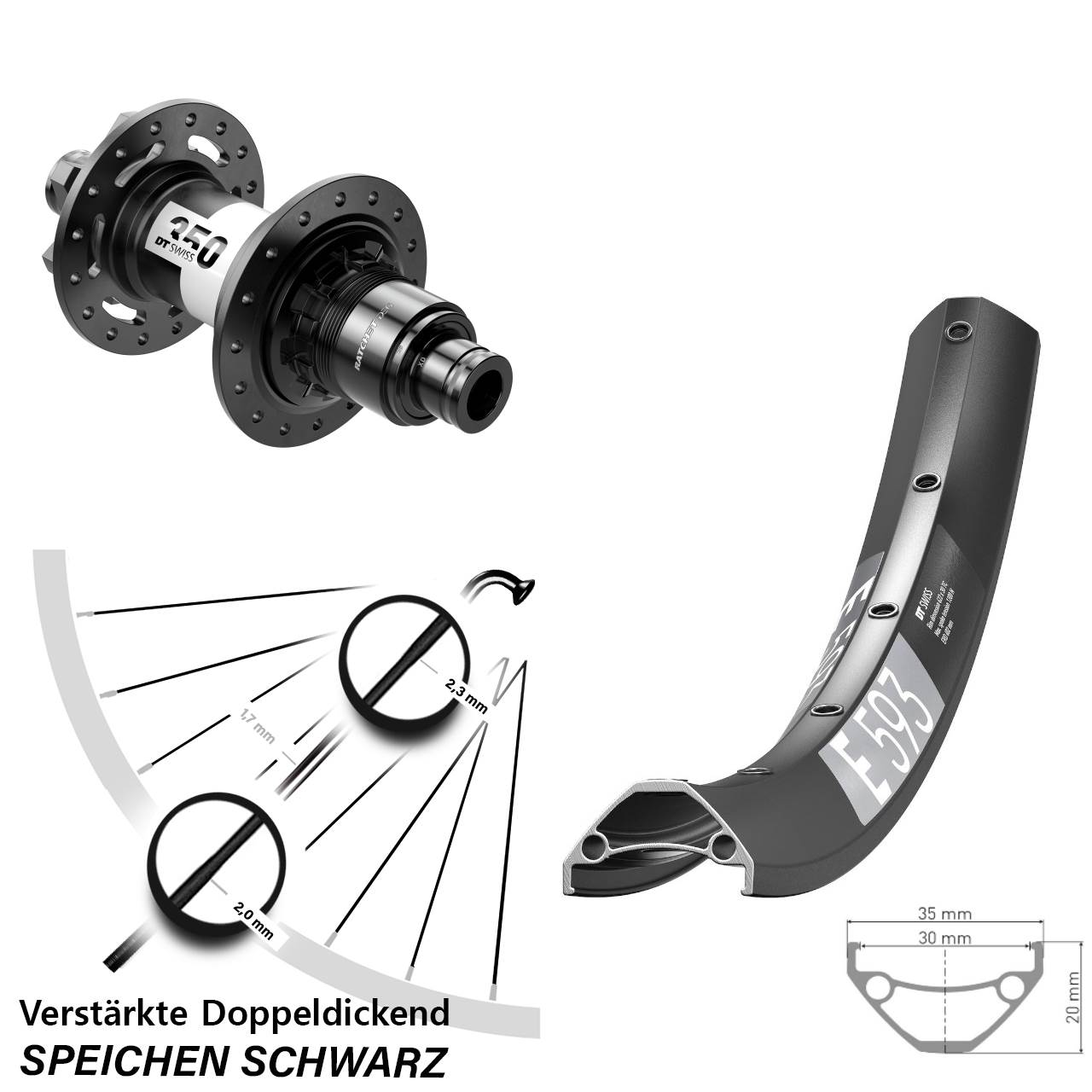 29 Zoll DT Swiss E 593-350 DEG72 6-Loch Hinterrad 12x148 XD