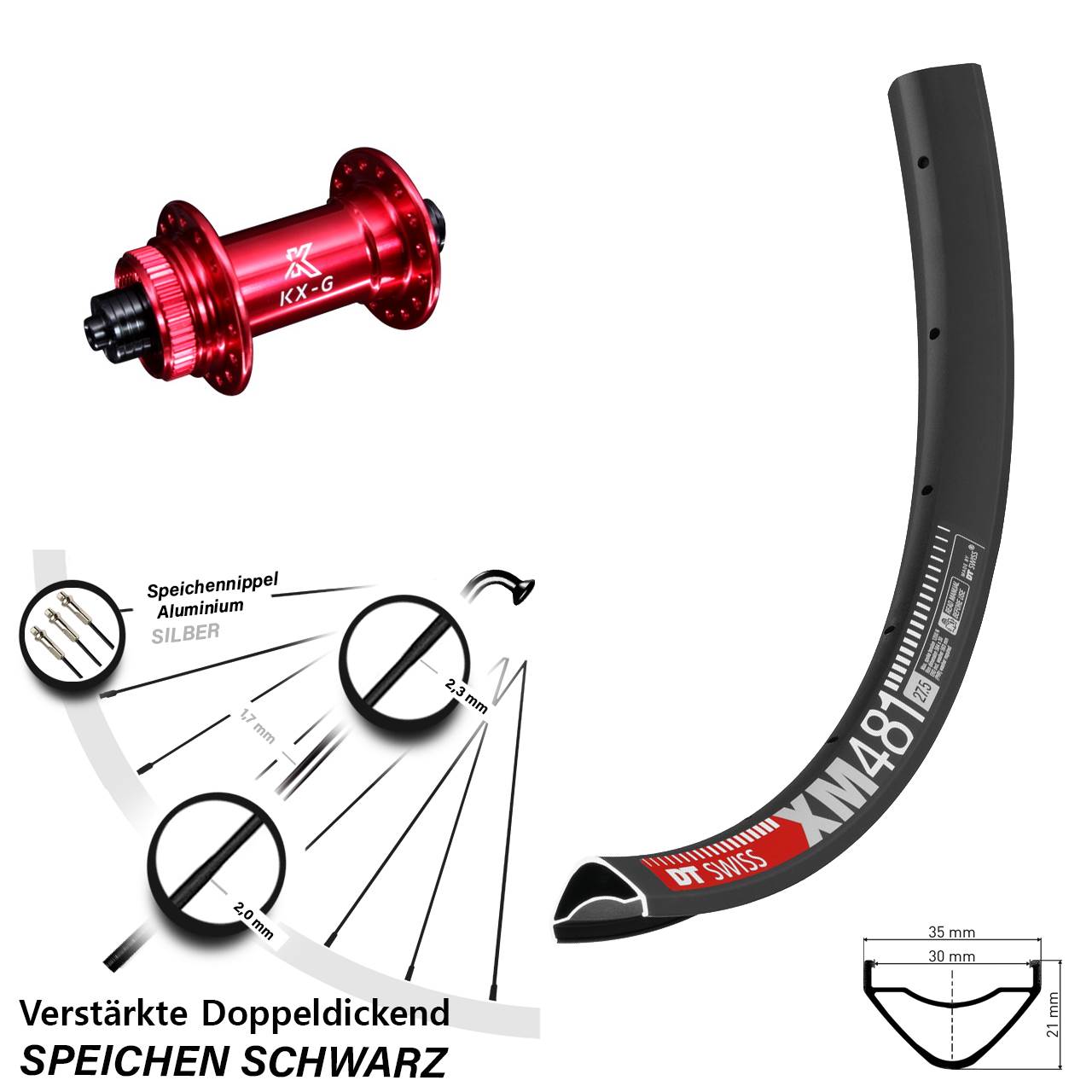 Disc Laufrad für Schnellspanner 27,5 Zoll DT Swiss XM 481 KX-G rot