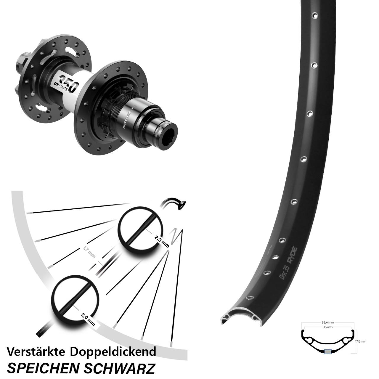 Ryde Disc 35 DT Swiss 350 DEG 72 29 Zoll Hinterrad 6-Loch 12x148 SRAM XD