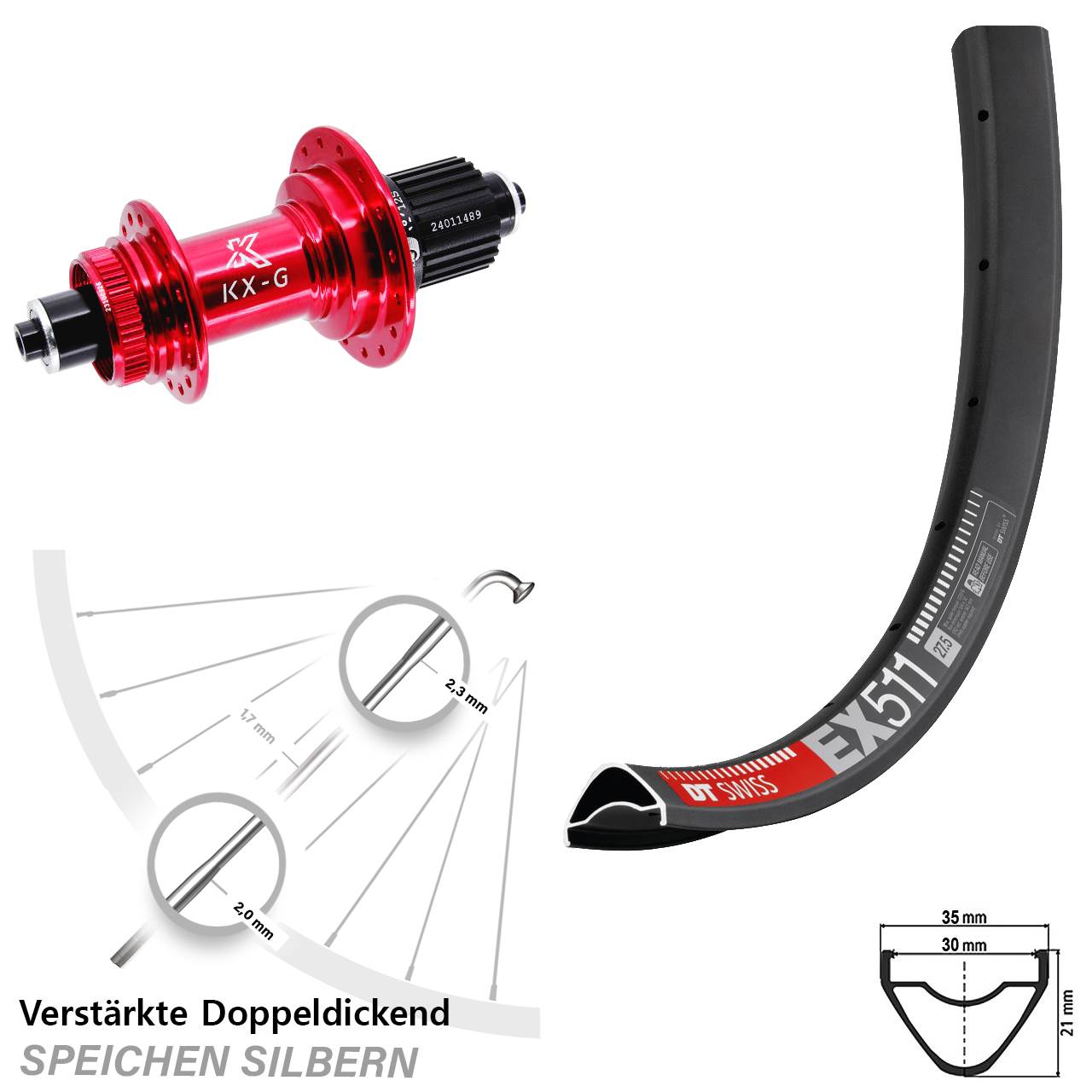 DT Swiss EX 511 KX-G rot 29 Zoll Centerlock Hinterrad QR Micro Spline