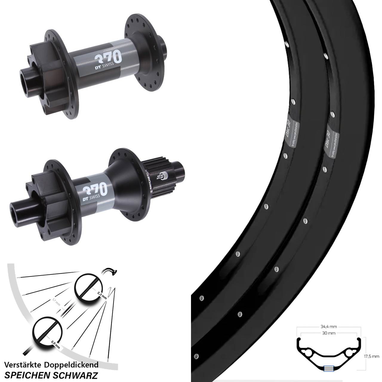 27,5 Zoll Ryde Disc 30 DT Swiss 370 Boost 6-Loch Laufradsatz 15x110 12x148 Micro Spline