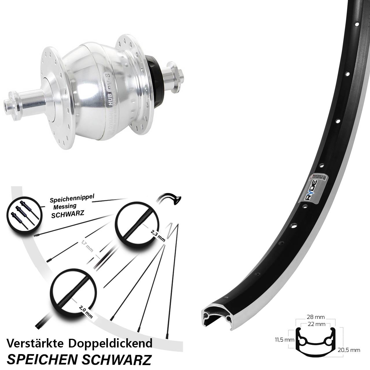 Ryde Andra 35 Shutter PV-8 650B Vorderrad mit Nabendynamo QR