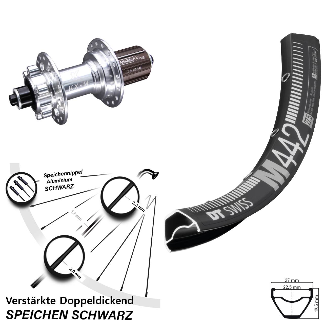 28-29 Zoll DT Swiss M442 KX-M 6-Loch Hinterrad QR 8-12 fach HG