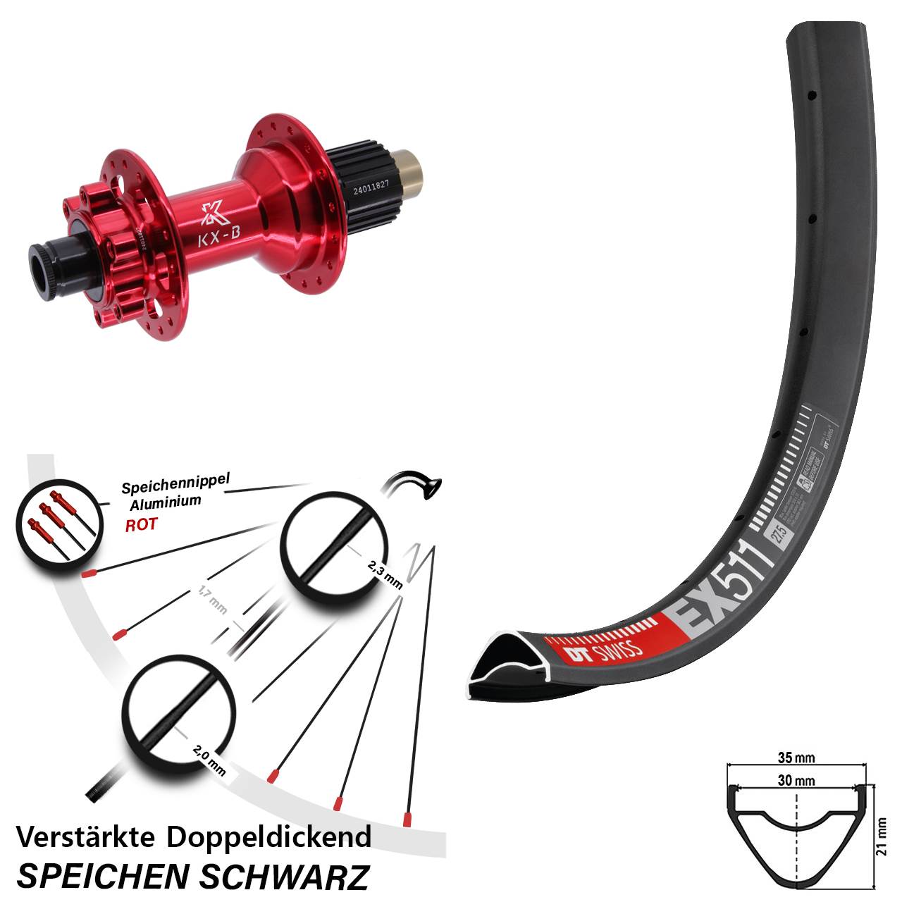 29 Zoll DT Swiss EX 511 KX-B rot Boost 6-Loch Hinterrad 12x148 Shimano Micro Spline