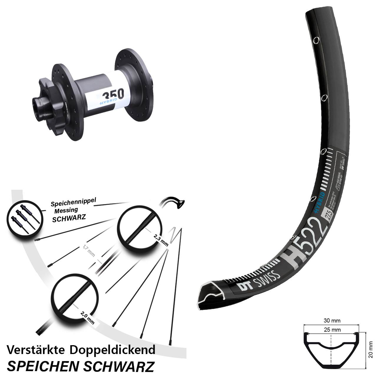 29 Zoll Vorderrad H 522 DT Swiss 350 Hybrid Boost 15x110 mm 6-Loch verstärkt E-Bike