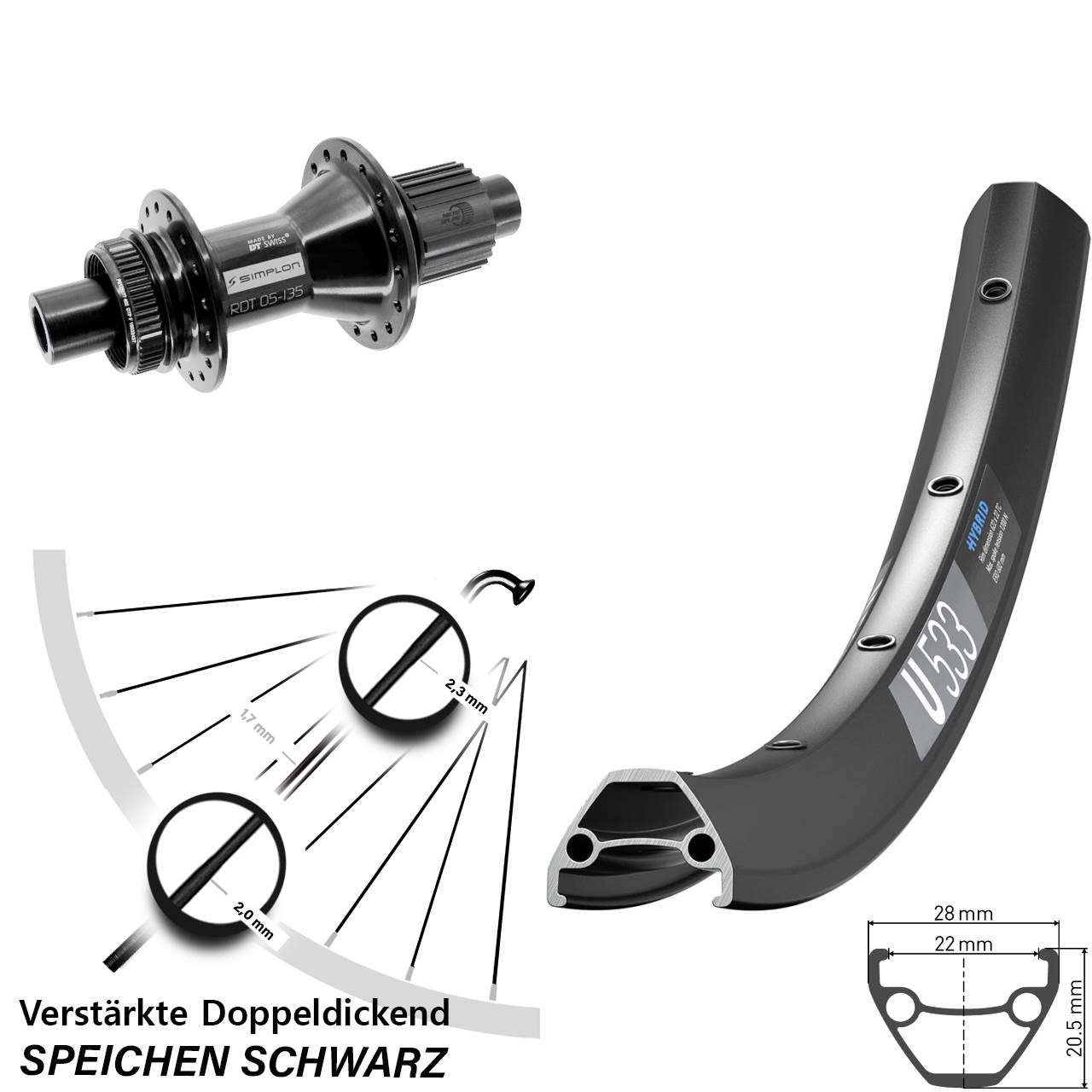DT Swiss U 533 DT Swiss 370 Hybrid 28-29 Zoll Disc Hinterrad 12x142 Shimano Micro Spline