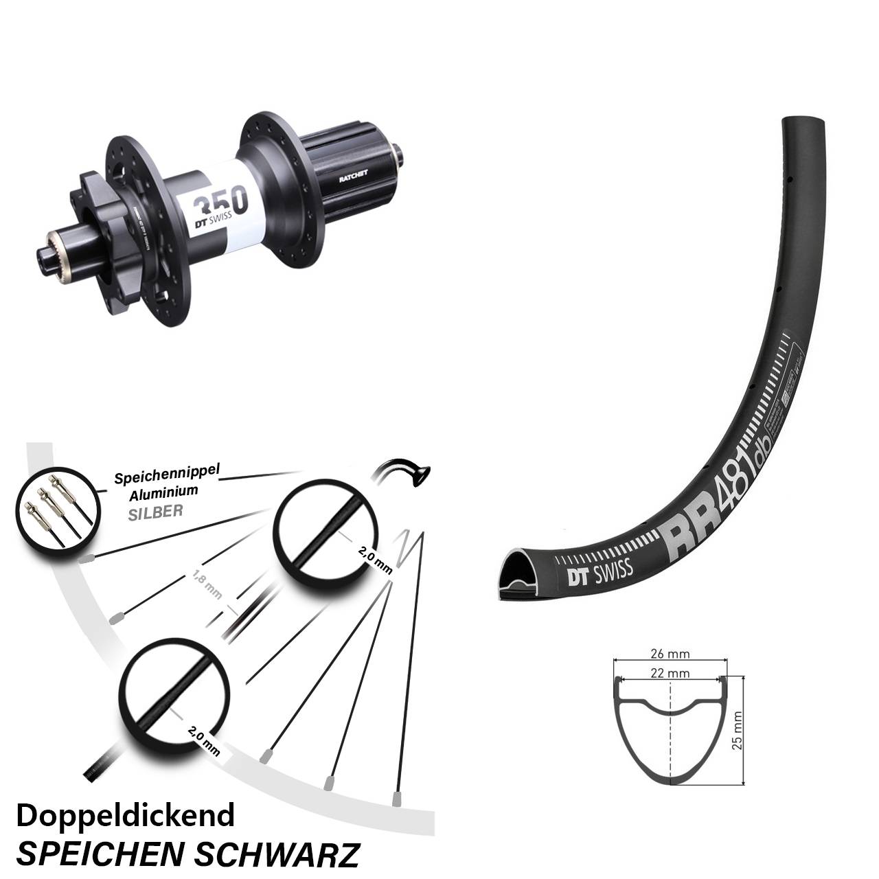 DT Swiss RR481-350 Ratchet 36 28 Zoll 6-Loch Hinterrad QR 8-11 fach HG
