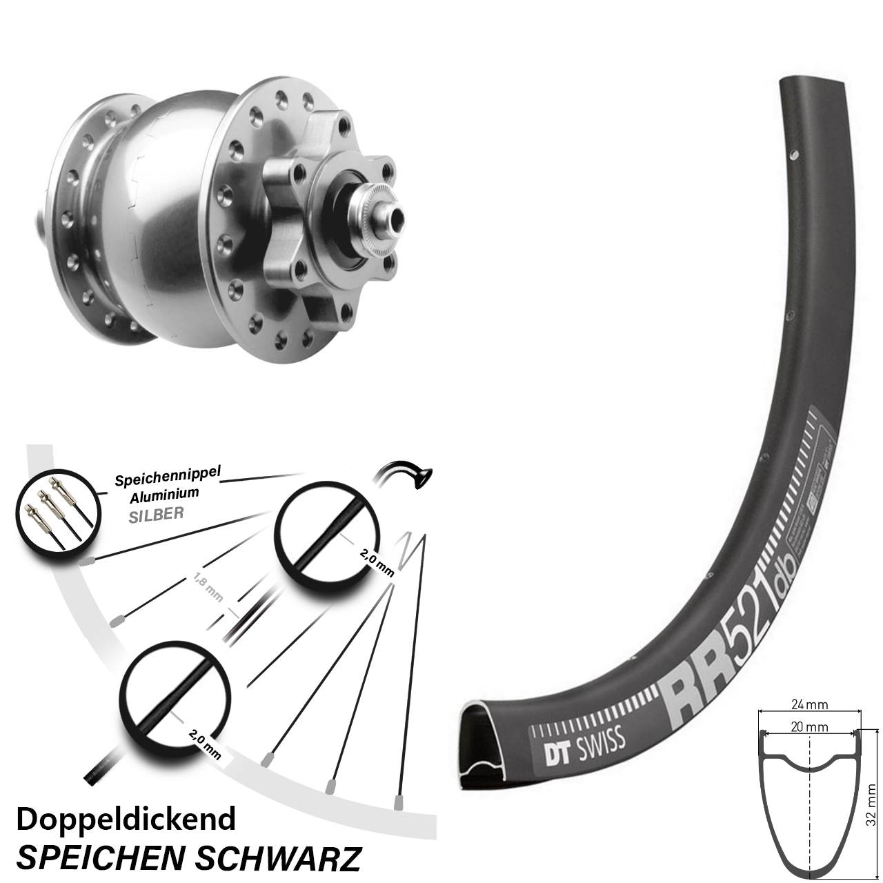 Nabendynamovorderrad 6-Loch 28 Zoll DT Swiss RR 521 SON 28 silbern QR