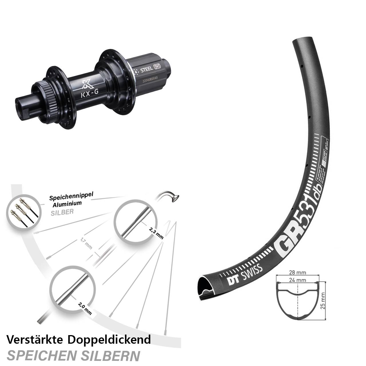 KX-GS 12x142 mm Centerlock DT Swiss GR 531 DB Gravel Hinteres Rad 28-29 Zoll 8-12 fach