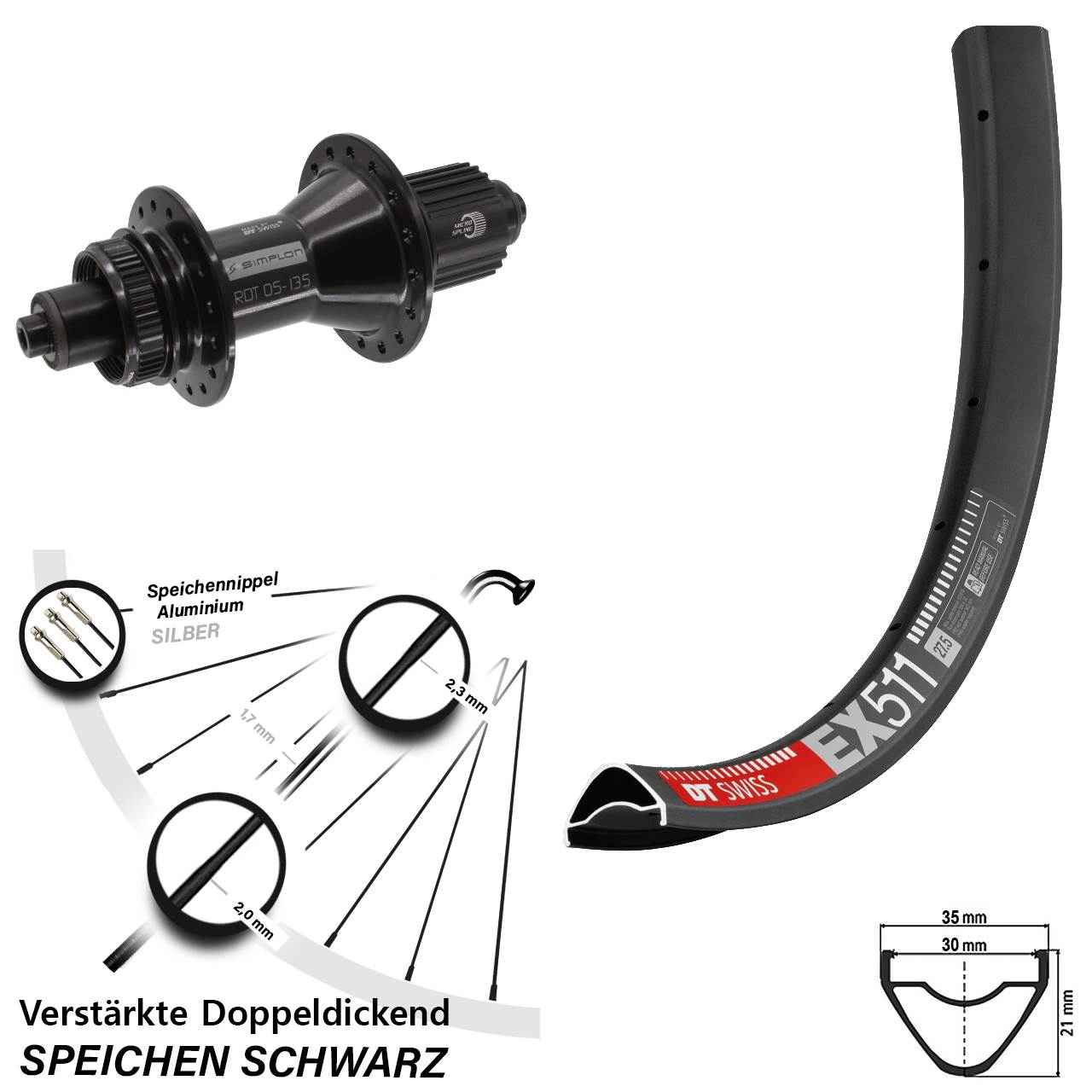 27,5 Zoll DT Swiss EX511-370 Hybrid Centerlock Hinterrad QR Micro Spline