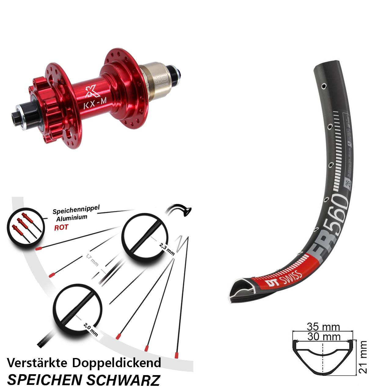 Disc Hinterrad 26 Zoll DT Swiss FR560 KX-M rot XD 11-12 fach QR