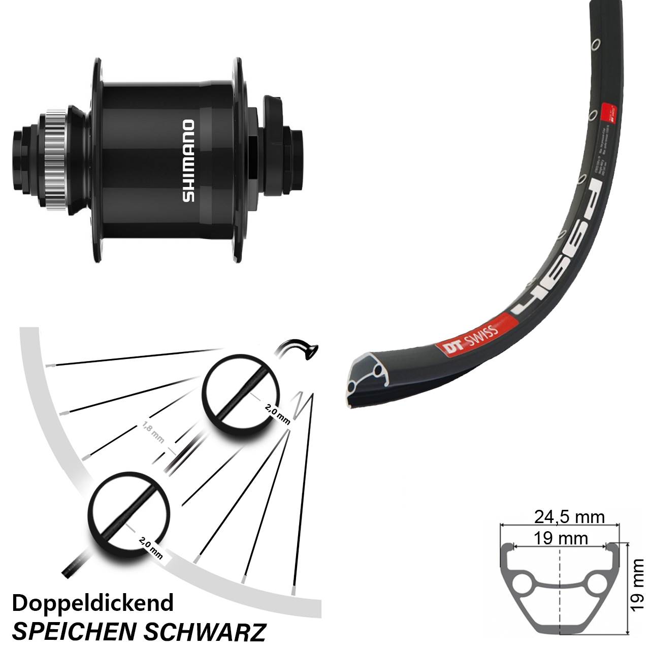 Vorderrad Nabendynamo DT Swiss 466 Shimano DH-UR708-3D Centerlock schwarz 15x100 mm