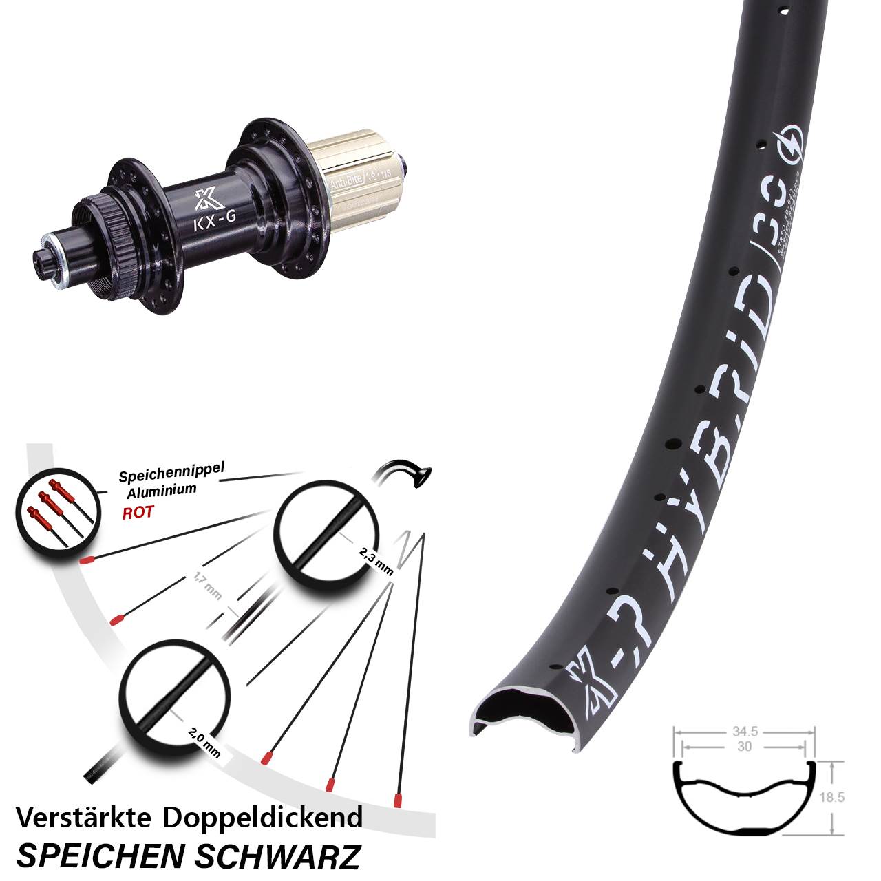 29 Zoll KX-GR Hybrid 30 Centerlock Hinterrad für Schnellspanner 8-12 fach