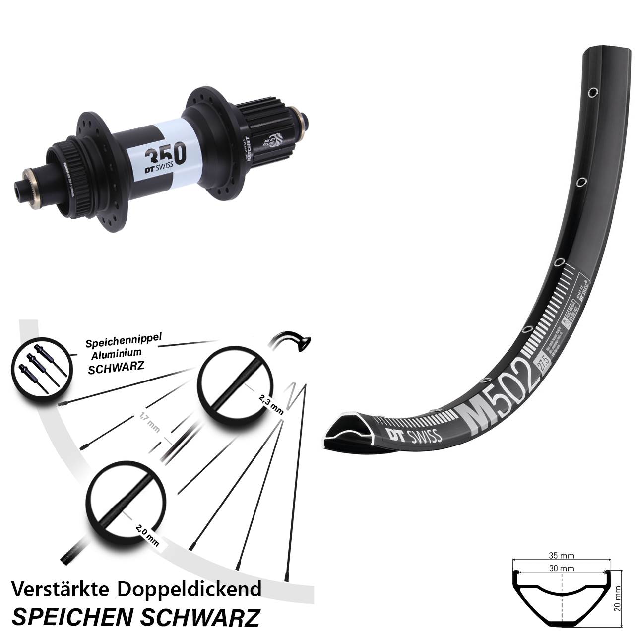 Hinterrad 27,5 Zoll DT Swiss M 502-350 Micro Spline QR