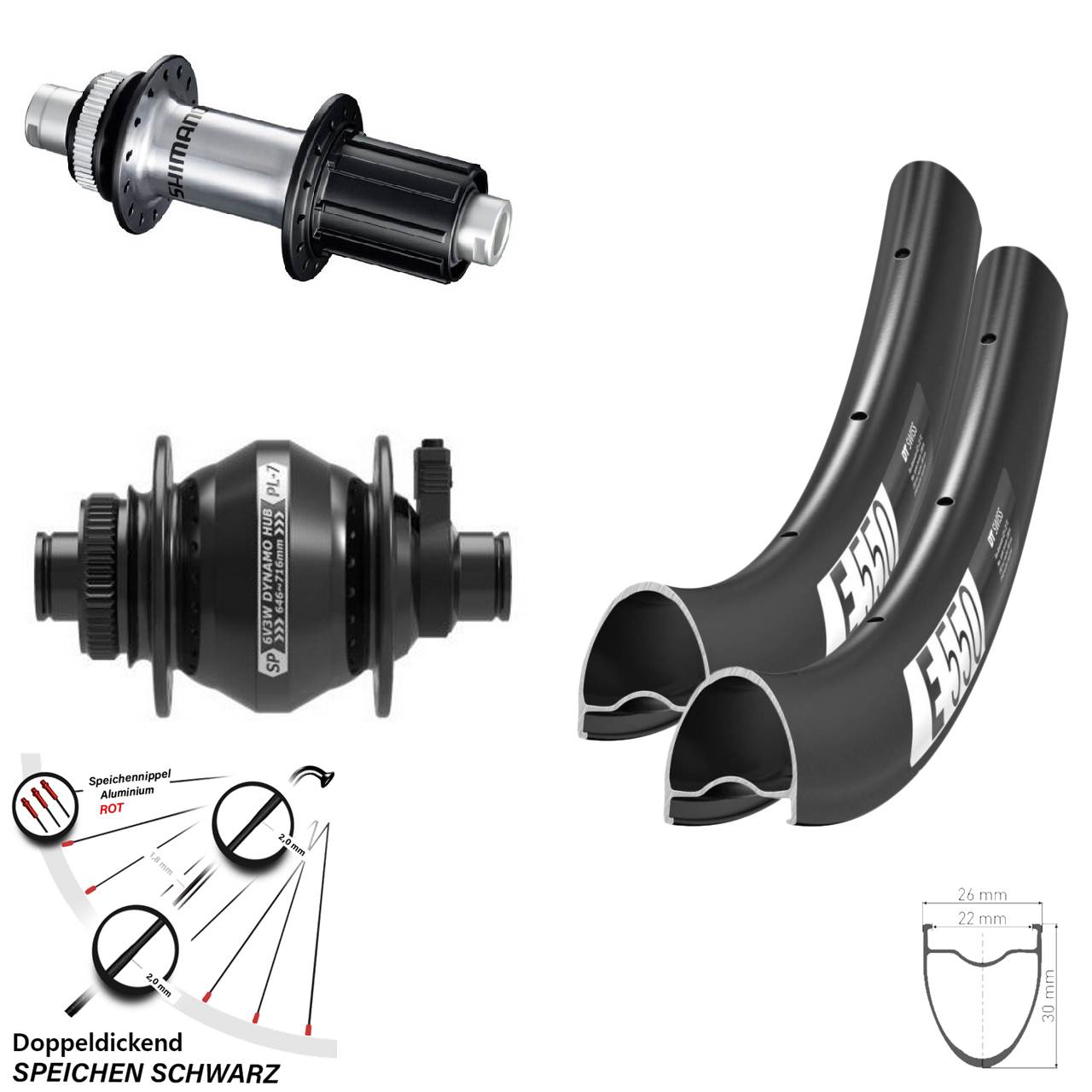 DT Swiss E550 SP PL-7 Shimano FH-RS770 28 Zoll Disc Laufradsatz 12x100/142 8-12 fach HG