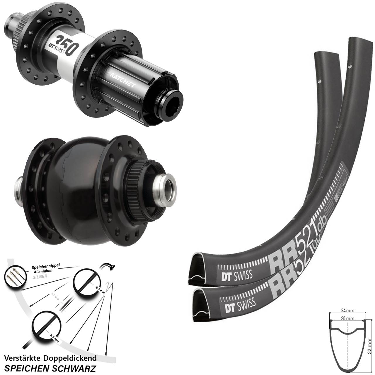 Disc Laufradsatz DT Swiss RR521-350 SON 28 Zoll 11-12 fach HG 12x100/142