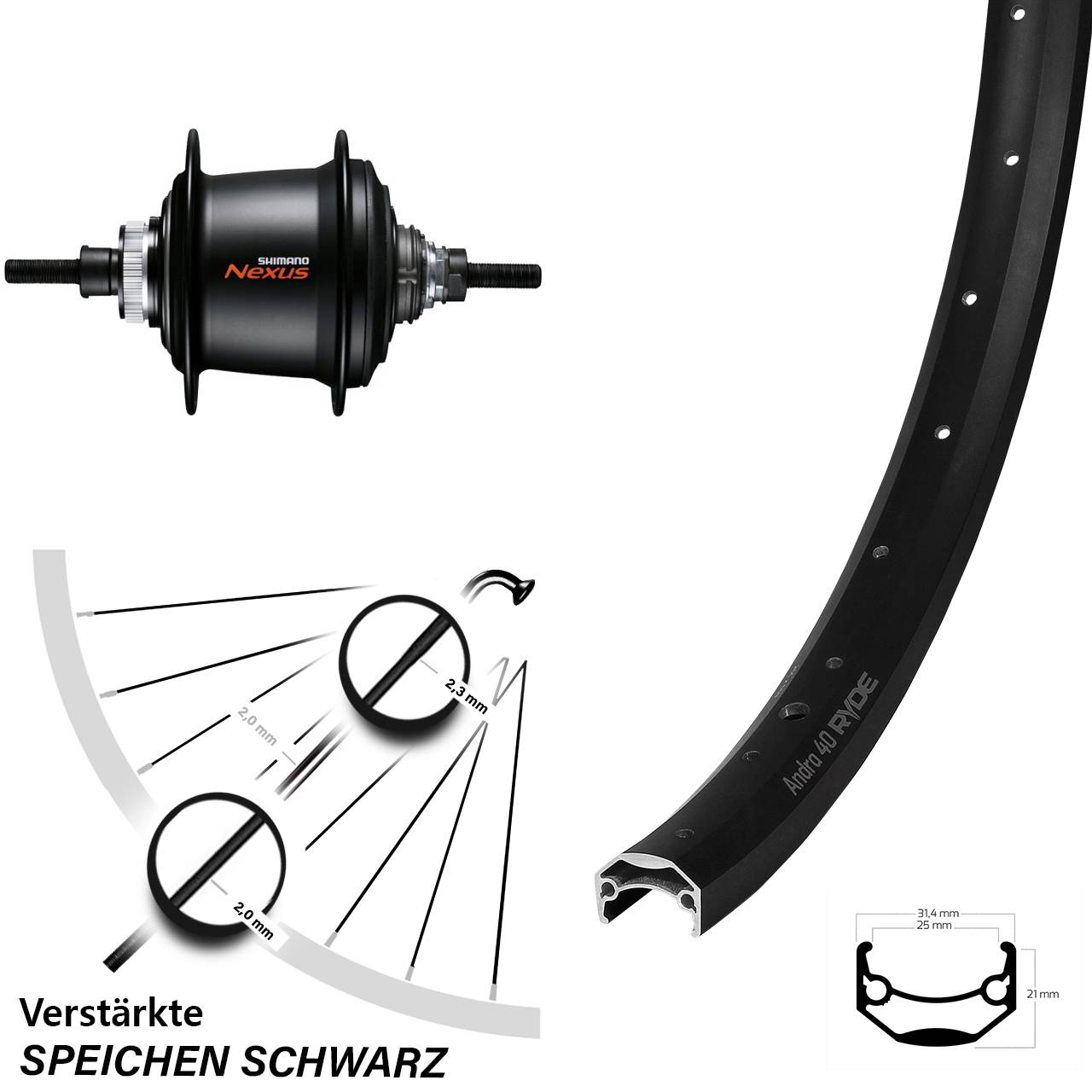 28 Zoll Hinterrad Ryde Andra 40 Shimano Nexus 7 Gang Disc schwarz