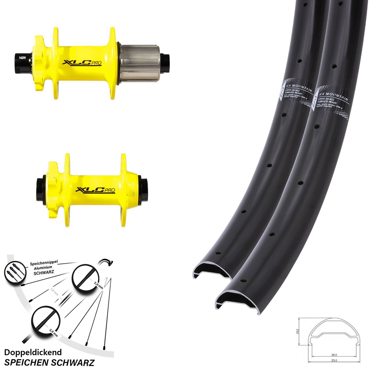 29 Zoll Laufradsatz KX Mountain 30-622 leicht und breit XLC Pro Nabe gelb Steckachse