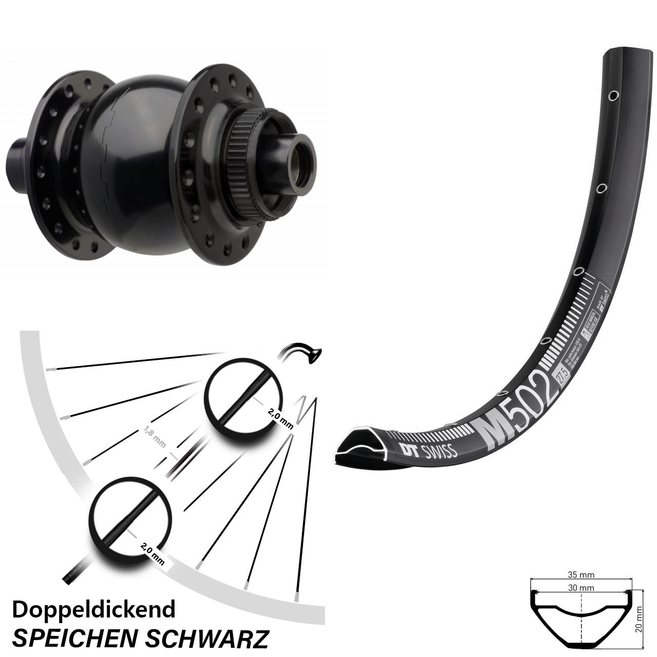 27,5 Zoll DT Swiss M502 SON 28 Dynamo-Vorderrad Centerlock 15x110 Boost