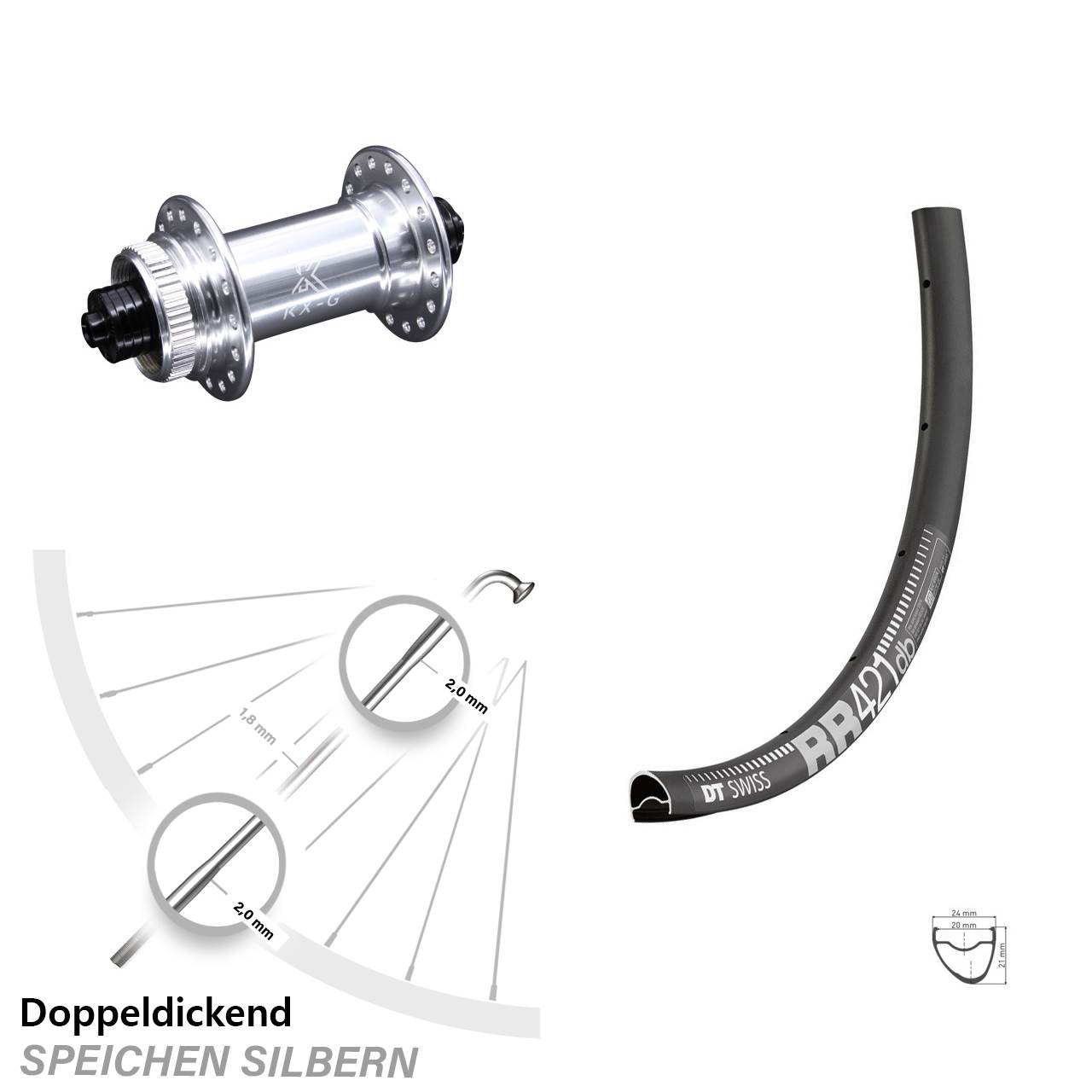 Vorderrad 28 Zoll Road Dis KX-G silbern 5x100 mm DT Swiss RR 421 DB Centerlock