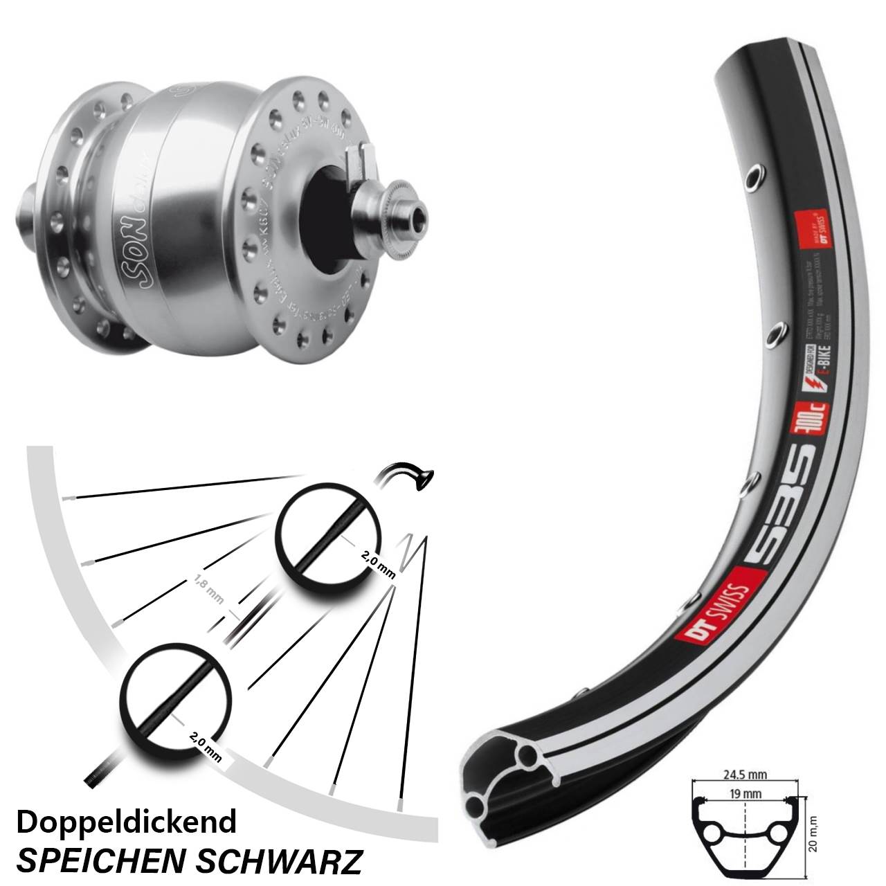 SONdelux DT Swiss 535 26 Zoll Vorderrad mit Nabendynamo für Schnellspanner